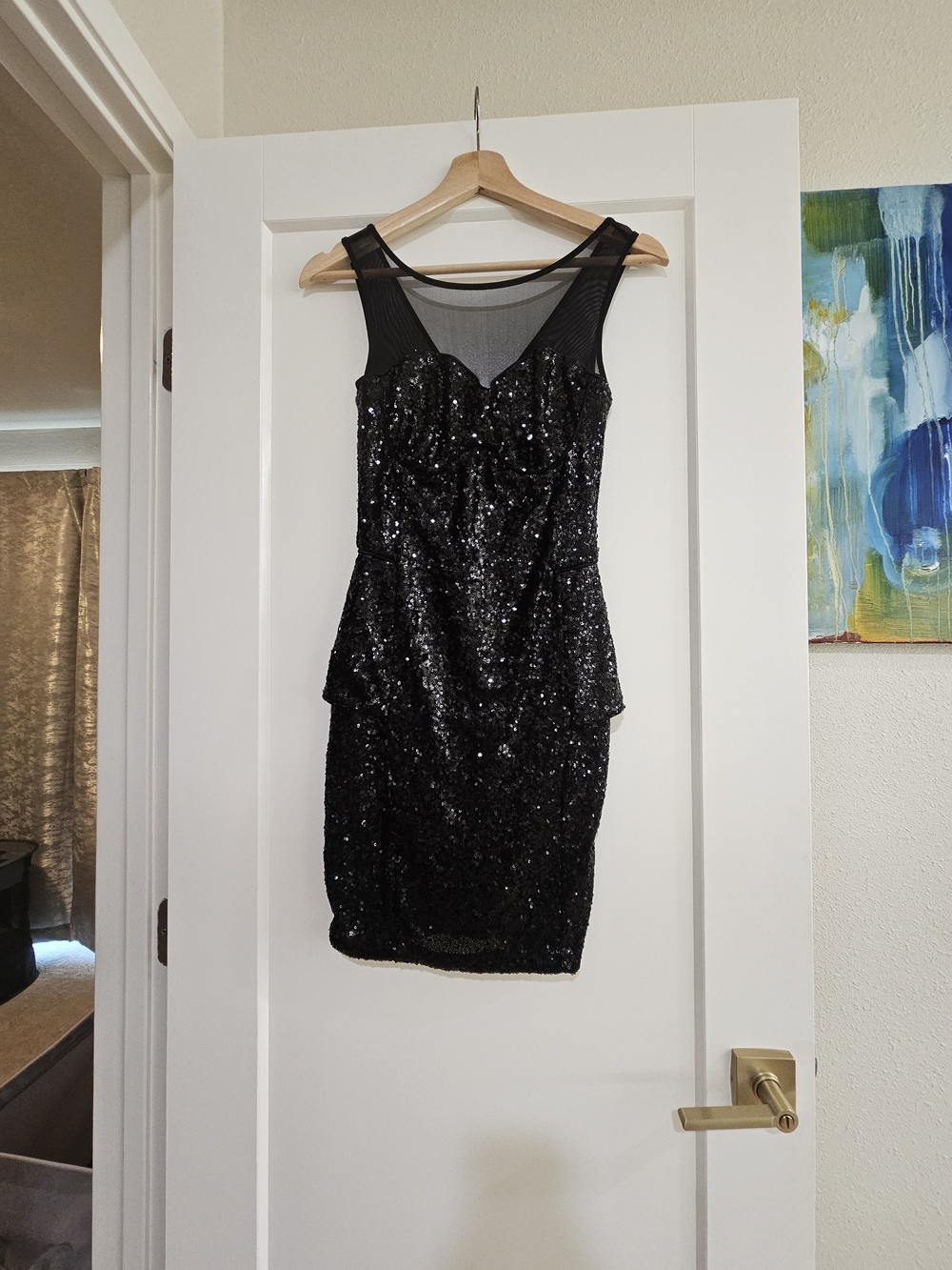 bebe Black Sequin Mesh Sheath Mini Dress